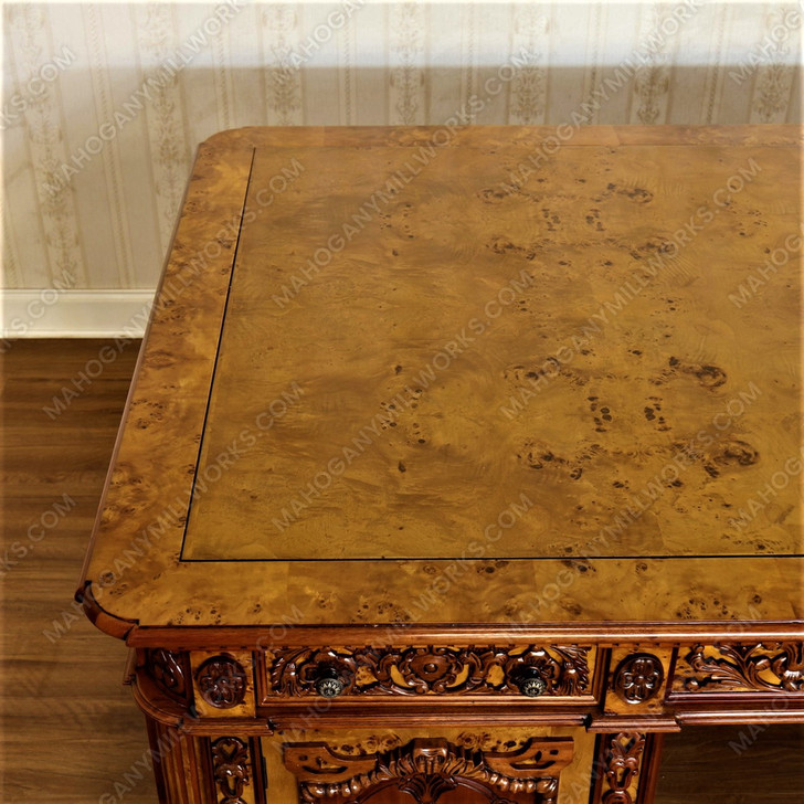 7ft Mahogany Resolute Desk w/ Mappa Burl Inlay Top - 2-Tone