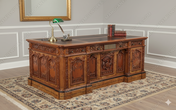 7ft Mahogany Resolute Desk w/ Mappa Burl Inlay Wood Top - 2-Tone