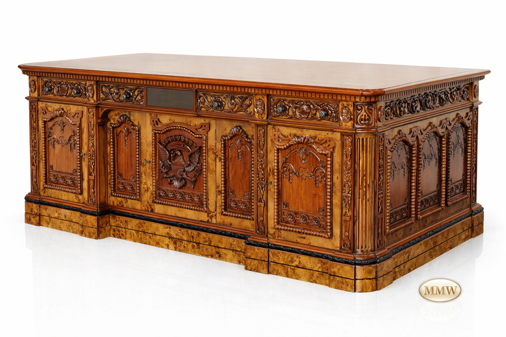 7ft Mahogany Resolute Desk w/ Mappa Burl Inlay Top - 2-Tone