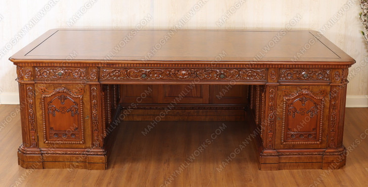 8ft Custom Oval Office Resolute Desk w/ Mappa Burl Inlay Wood Top