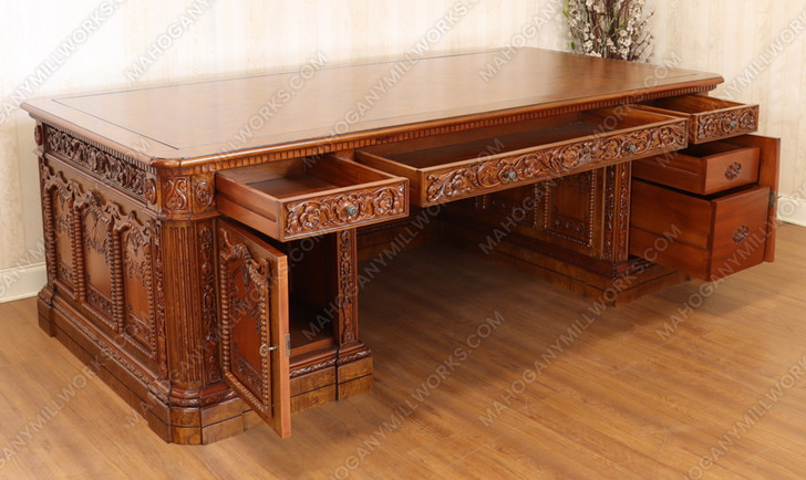 8ft Custom Oval Office Resolute Desk w/ Mappa Burl Inlay Wood Top