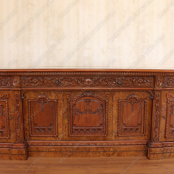 8ft Custom Oval Office Resolute Desk w/ Mappa Burl Inlay Wood Top