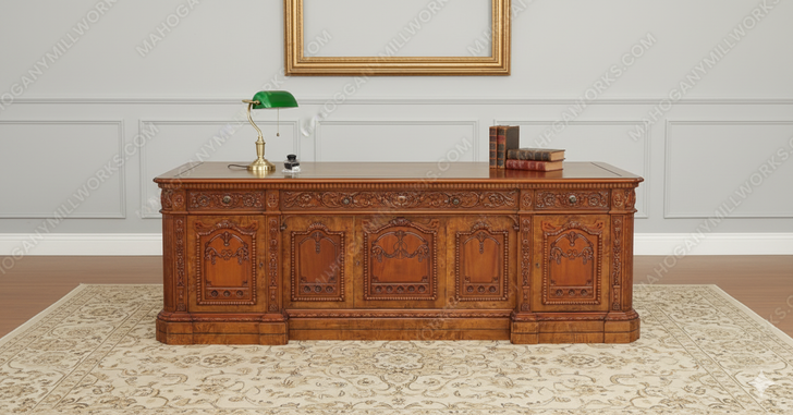 8ft Custom Oval Office Resolute Desk w/ Mappa Burl Inlay Wood Top