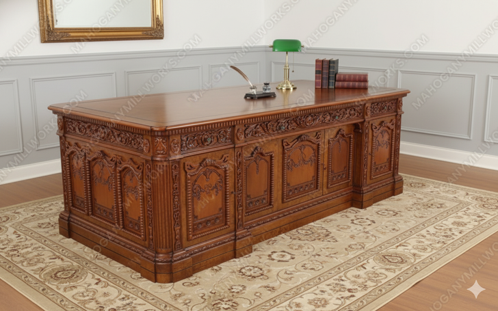 8ft Custom Oval Office Resolute Desk w/ Mappa Burl Inlay Wood Top