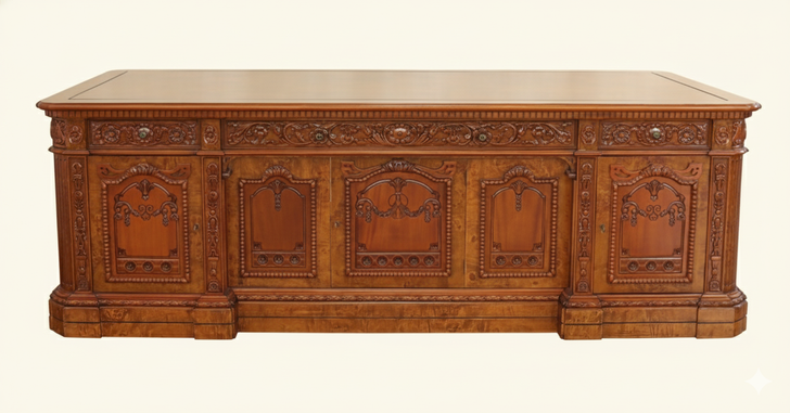 8ft Custom Oval Office Resolute Desk w/ Mappa Burl Inlay Wood Top