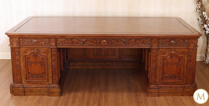 8ft Oval Office Resolute Desk w/ Mappa Burl Inlay Wood Top