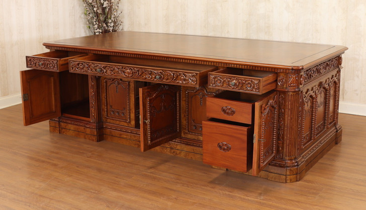 8ft Oval Office Resolute Desk w/ Mappa Burl Inlay Wood Top