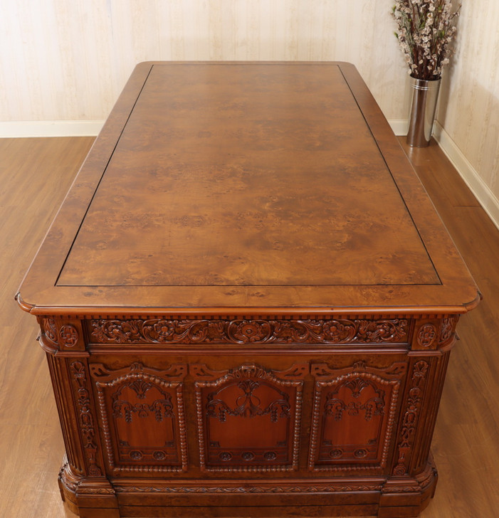 8ft Oval Office Resolute Desk w/ Mappa Burl Inlay Wood Top