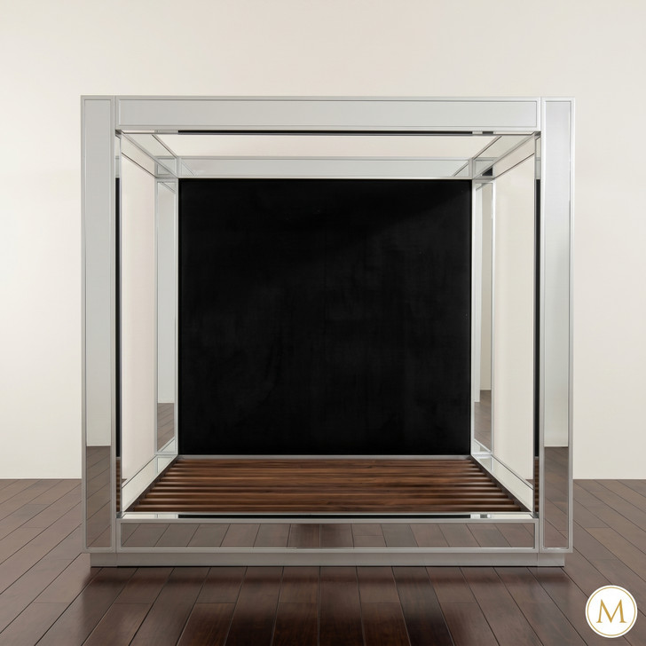 Mirrored Four Poster Canopy Bed w/ Black Velvet Upholstered Headboard