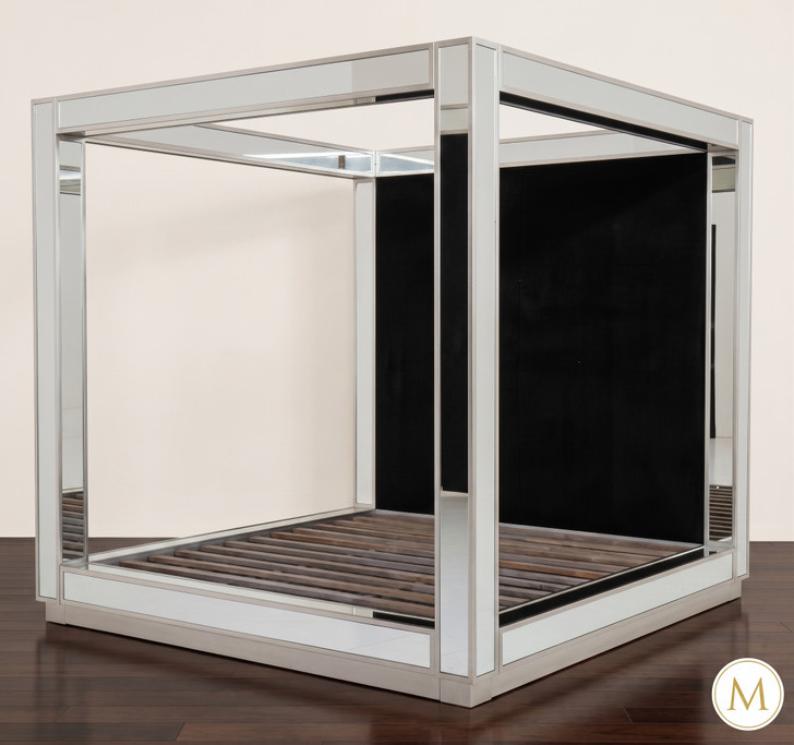 Mirrored Four Poster Canopy Bed w/ Black Velvet Upholstered Headboard