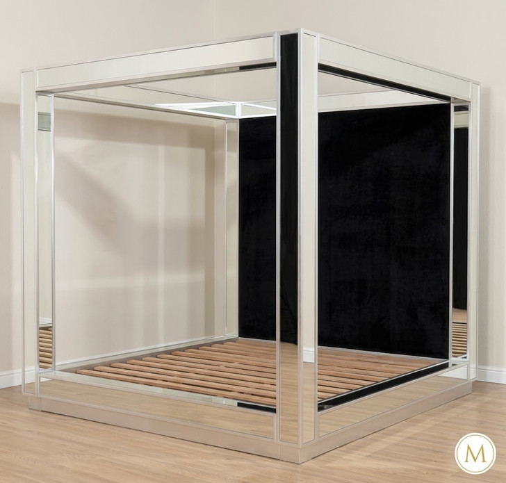 Mirrored Four Poster Canopy Bed w/ Black Velvet Upholstered Headboard