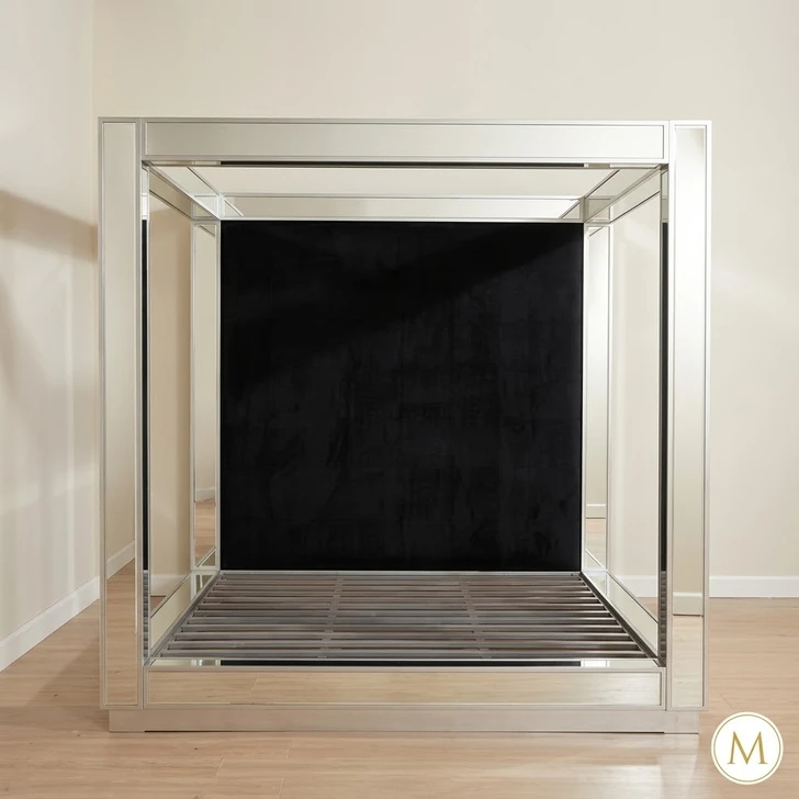 Mirrored Four Poster Canopy Bed w/ Black Velvet Upholstered Headboard
