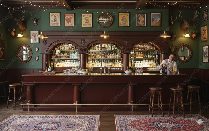 Custom 16ft Mahogany Complete Brunswick Saloon Bar Set w/ Brass Foot Rails