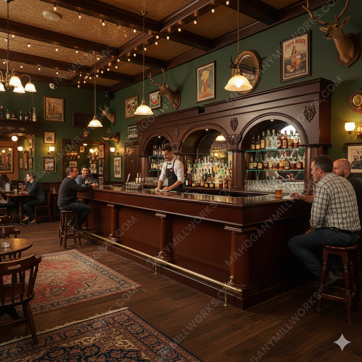 Custom 16ft Mahogany Complete Brunswick Saloon Bar Set w/ Brass Foot Rails