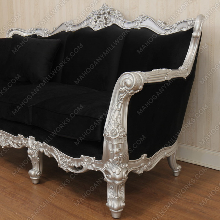 Gothic Black Velvet Sofa Couch w/ Silver Frame