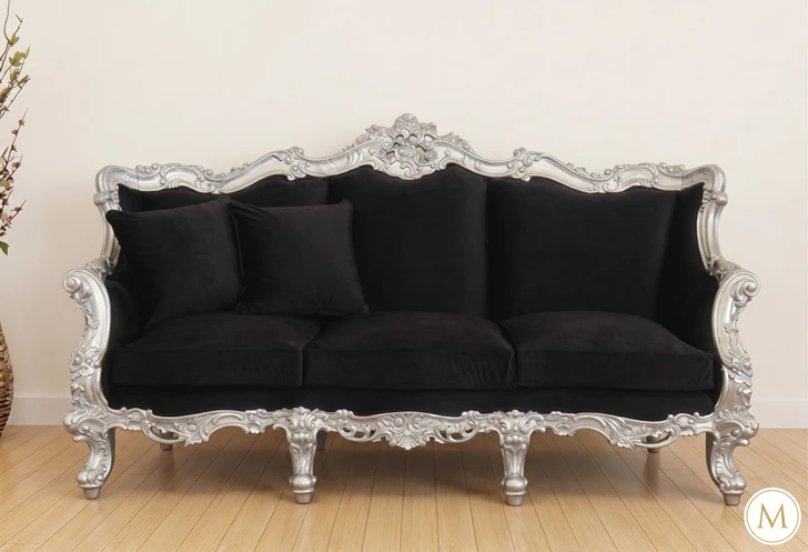 Gothic Black Velvet Sofa Couch w/ Silver Frame