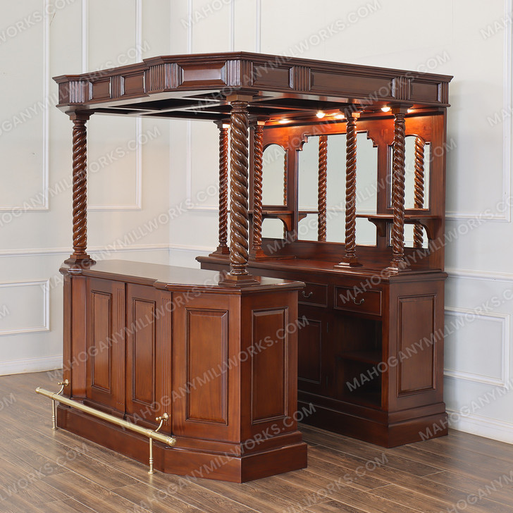 6.5ft Mahogany Traditional Canopy Pub Bar w/ Barley Twist Columns and Brass Foot Rail