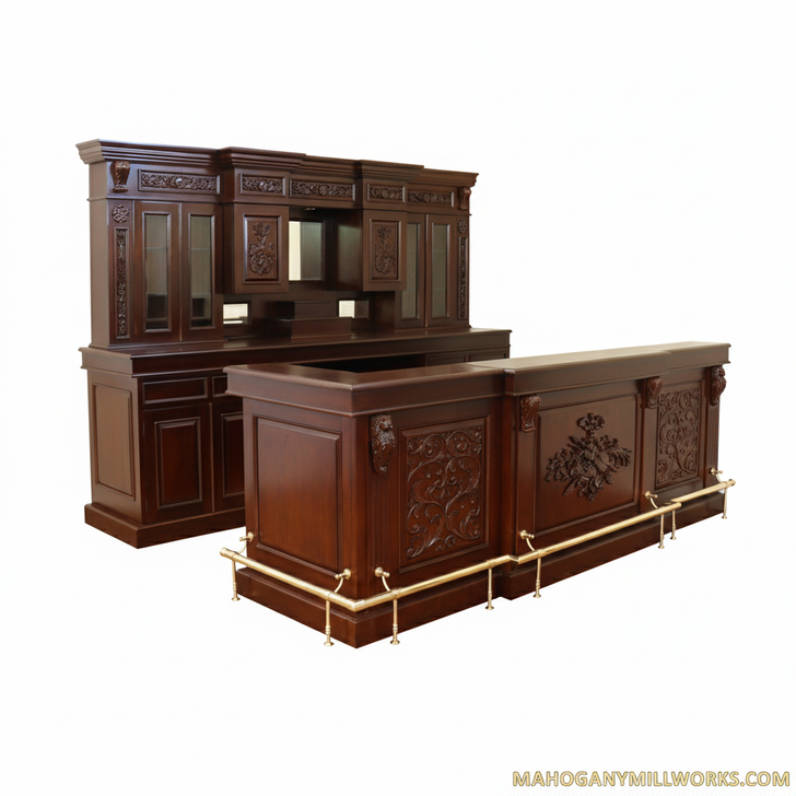 10ft Custom Mahogany Carved Victorian Gothic Pub Bar