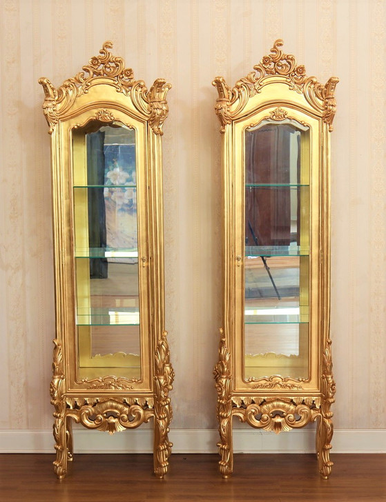 Pair 2 Custom Rococo Gold Leaf Curio Display Vitrine Cabinets