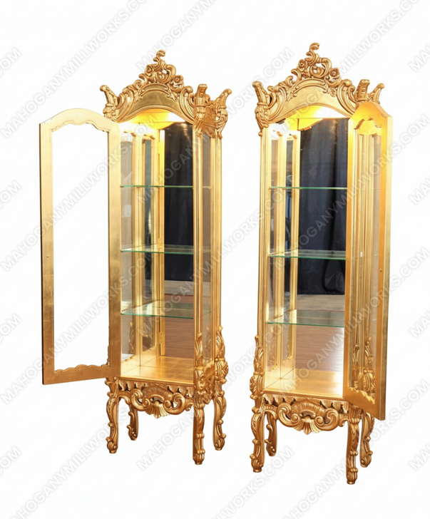 Custom Gold Leaf Rococo Curio Display Vitrine Cabinets (2)