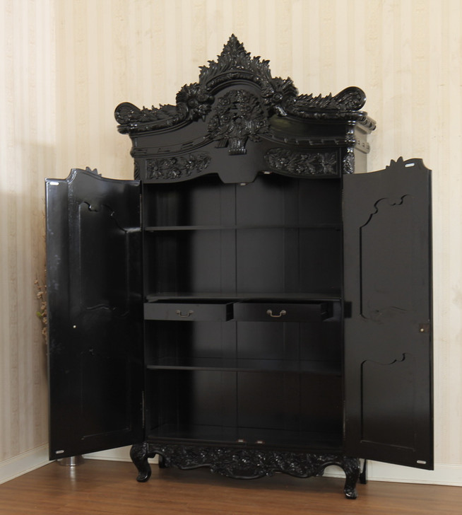 Black Victorian Heavily Ornate Armoire Wardrobe