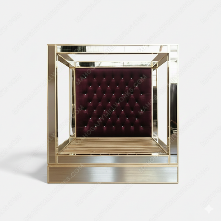 Mirrored Canopy Bed w/ Upholstered Velvet Tufted Headboard