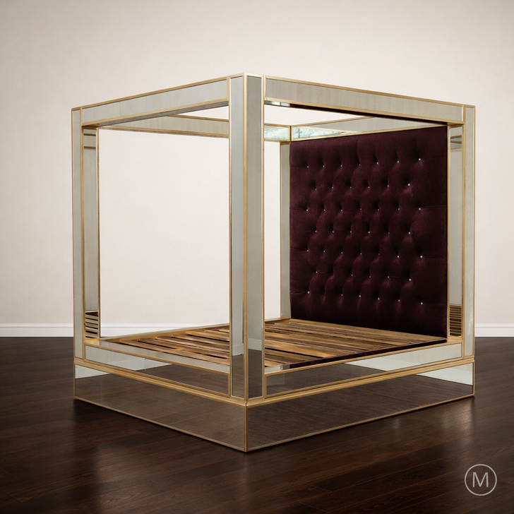 Mirrored Canopy Bed w/ Upholstered Velvet Tufted Headboard