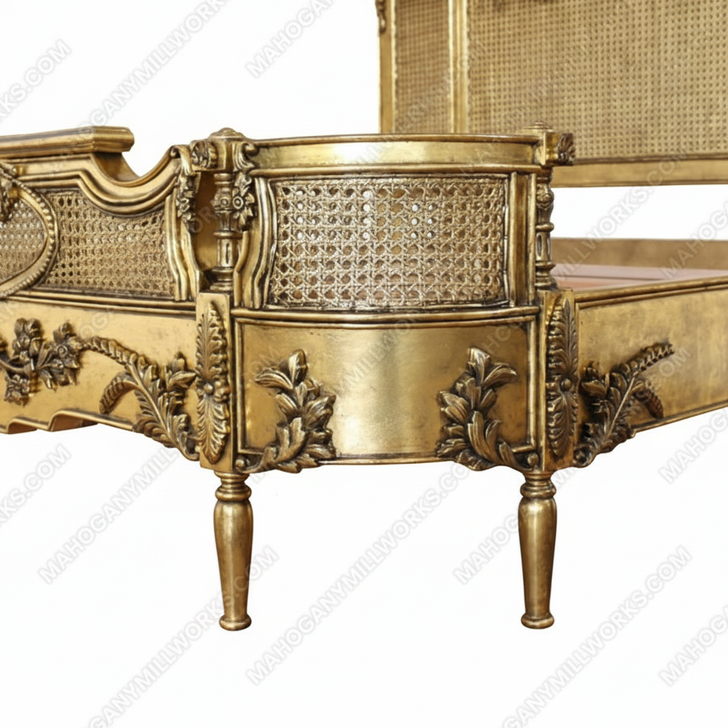 Custom Antiqued Gold Cane Rattan Bed