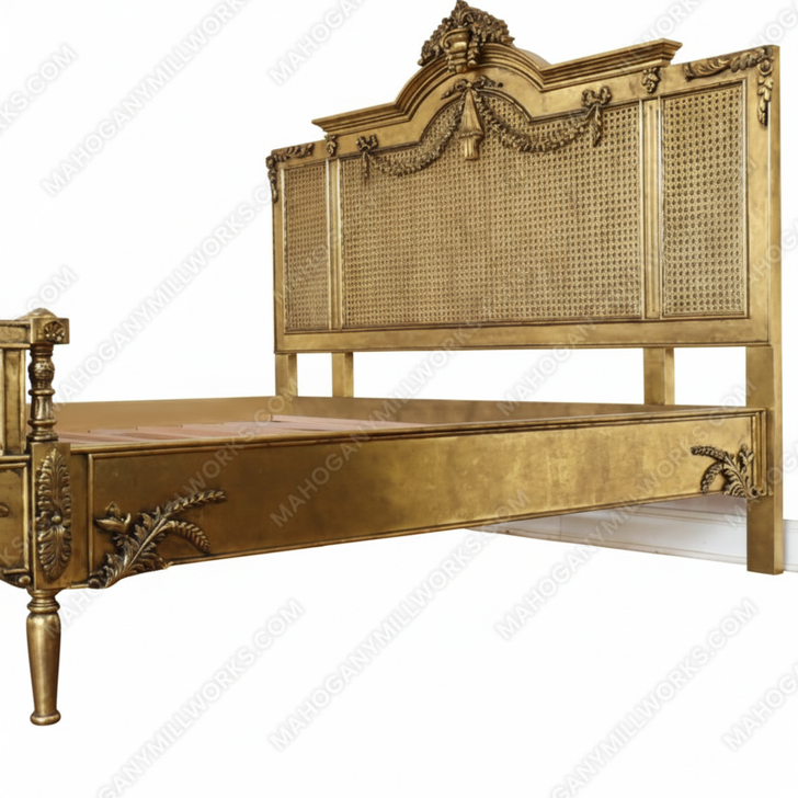 Custom Antiqued Gold Cane Rattan Bed