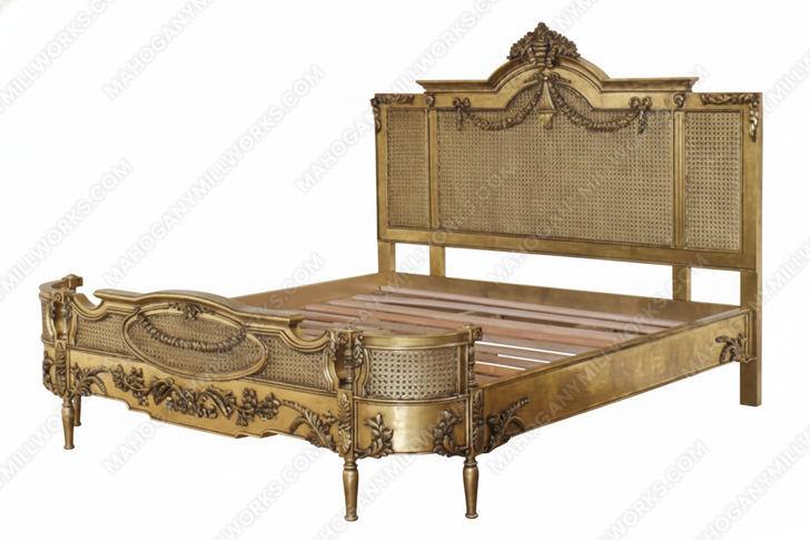 Custom Antiqued Gold Cane Rattan Bed