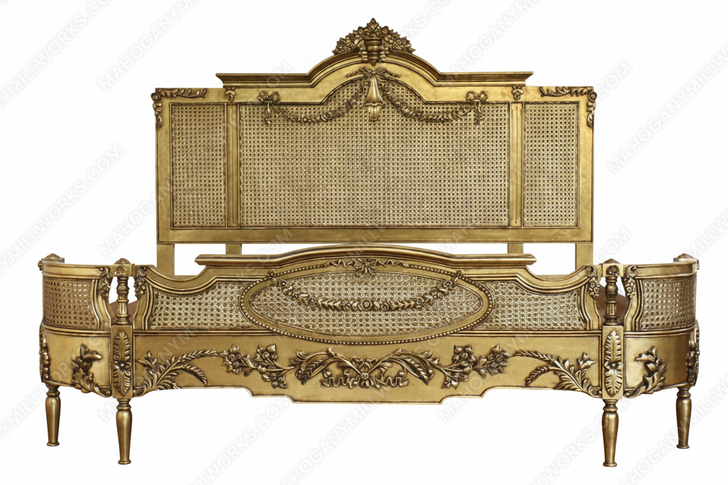 Custom Antiqued Gold Cane Rattan Bed