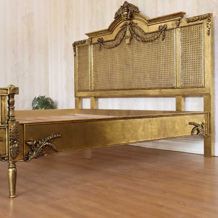 Custom Antiqued Gold Cane Rattan Bed