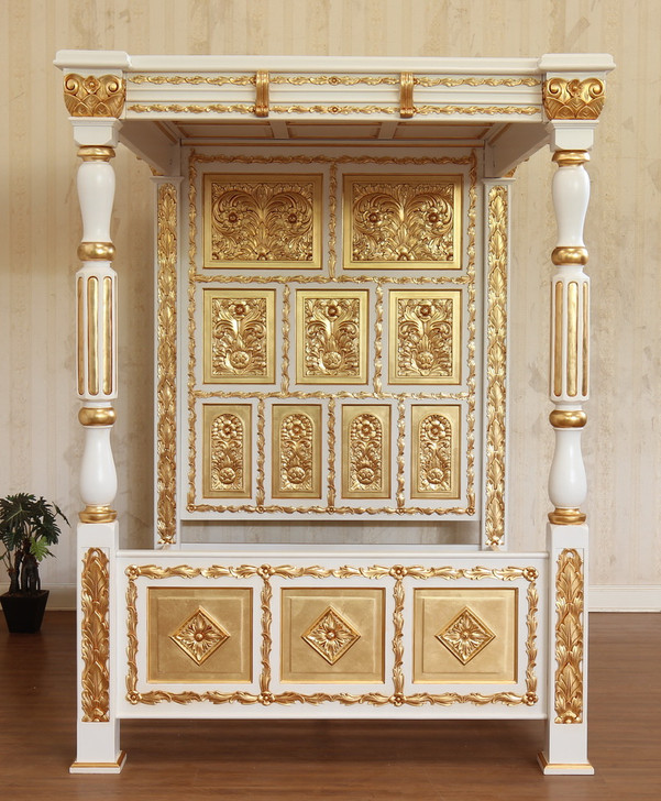 White & Gold Ornate 4 Poster Canopy Bed w/ Carved Headboard (Full Size)