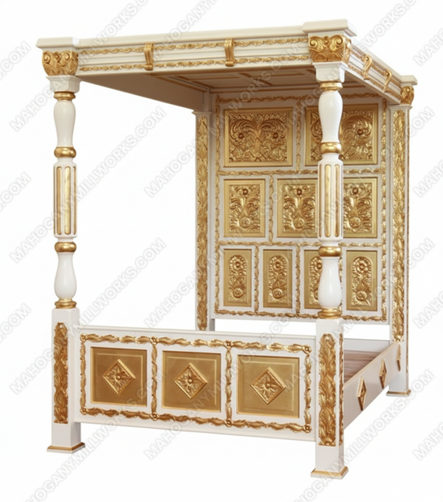 White & Gold Four Post Canopy Bed w/ Ornate Headboard (Full Size)