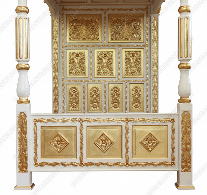 White & Gold Four Post Canopy Bed w/ Ornate Headboard (Full Size)