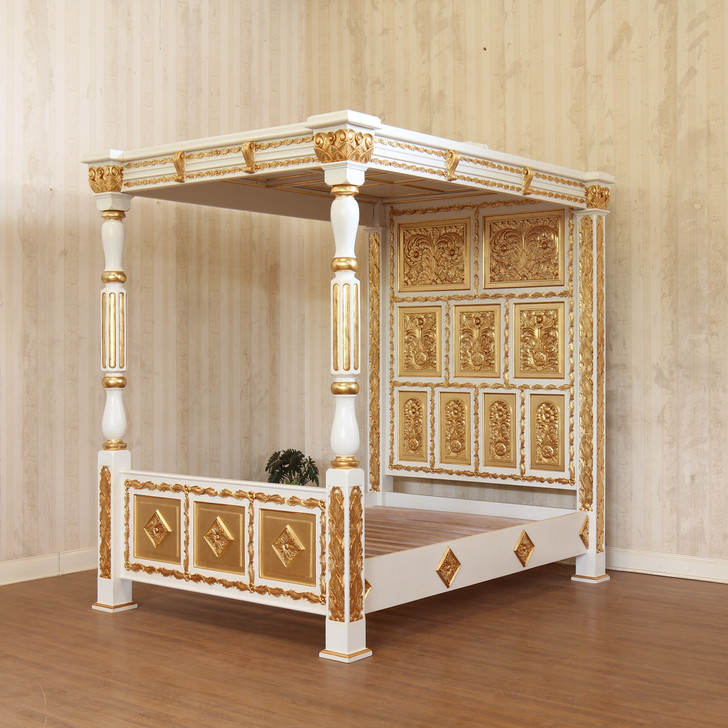 White & Gold Four Post Canopy Bed w/ Ornate Headboard (Full Size)