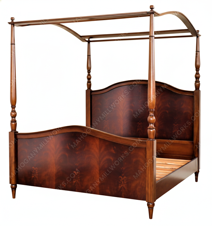 4 poster canopy bed with crotch mahogany veneer inlay - E. King