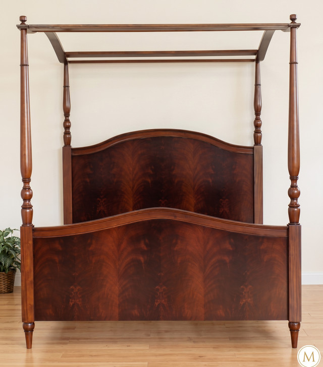 4 poster canopy bed with crotch mahogany veneer inlay - E. King
