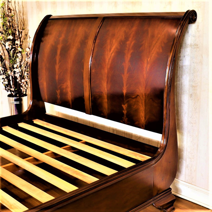Mahogany French Sleigh Bed with Crotch Mahogany Veneer Inlay - Queen