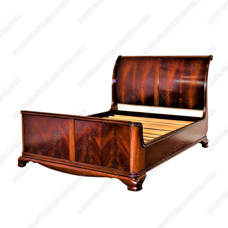 Mahogany French Sleigh Bed with Crotch Mahogany Veneer Inlay - Queen