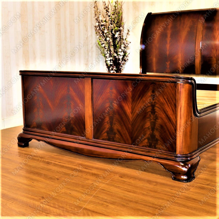 Mahogany French Sleigh Bed with Crotch Mahogany Veneer Inlay - Queen