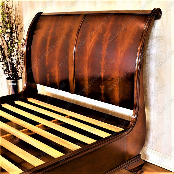 Mahogany French Sleigh Bed with Crotch Mahogany Veneer Inlay - Queen