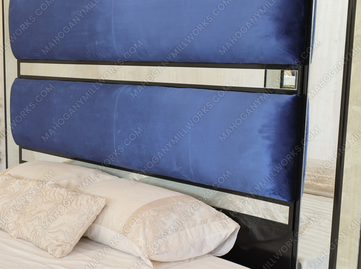 Custom Mirrored 4-Post Canopy Bed w/ Blue Upholstered headboard