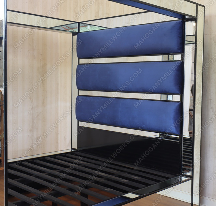 Custom Mirrored 4-Post Canopy Bed w/ Blue Upholstered headboard