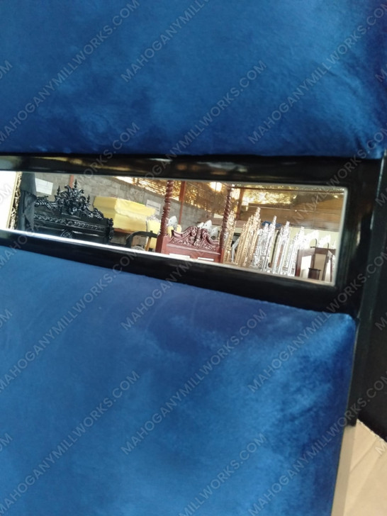 Custom Mirrored 4-Post Canopy Bed w/ Blue Upholstered headboard