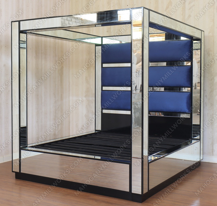 Custom Mirrored 4-Post Canopy Bed w/ Blue Upholstered headboard
