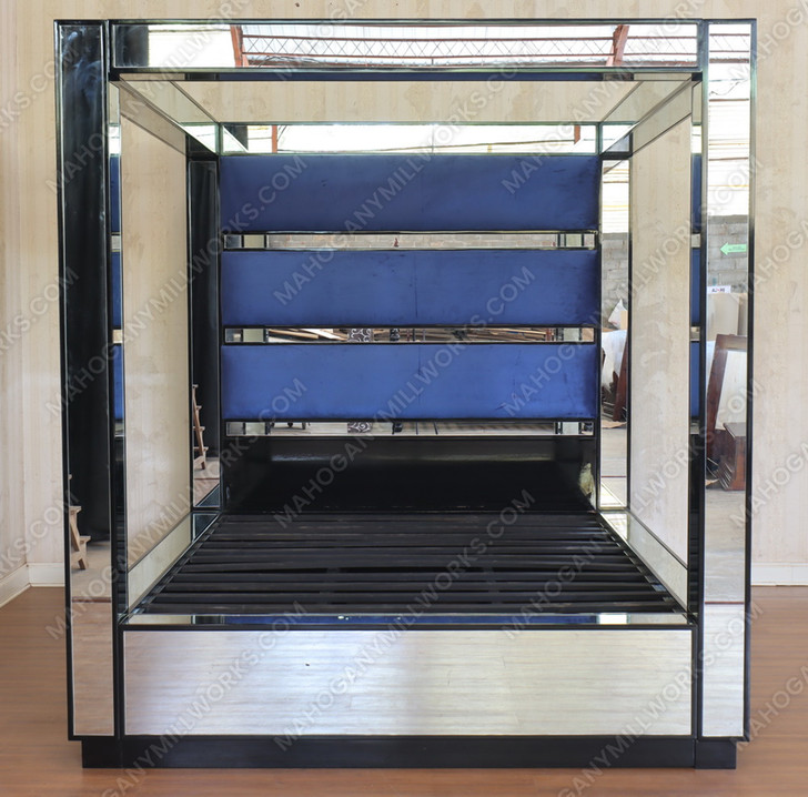 Custom Mirrored 4-Post Canopy Bed w/ Blue Upholstered headboard