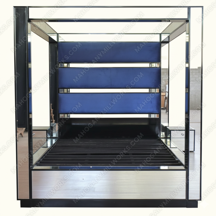 Custom Mirrored 4-Post Canopy Bed w/ Blue Upholstered headboard