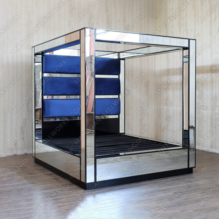Custom Mirrored 4-Post Canopy Bed w/ Blue Upholstered headboard