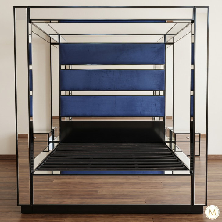 Custom Mirrored 4-Post Canopy Bed w/ Blue Upholstered headboard